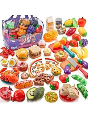 78Pc Kids Kitchen Pretend Play Food Set - Cutting Toy Food with Storage Bag